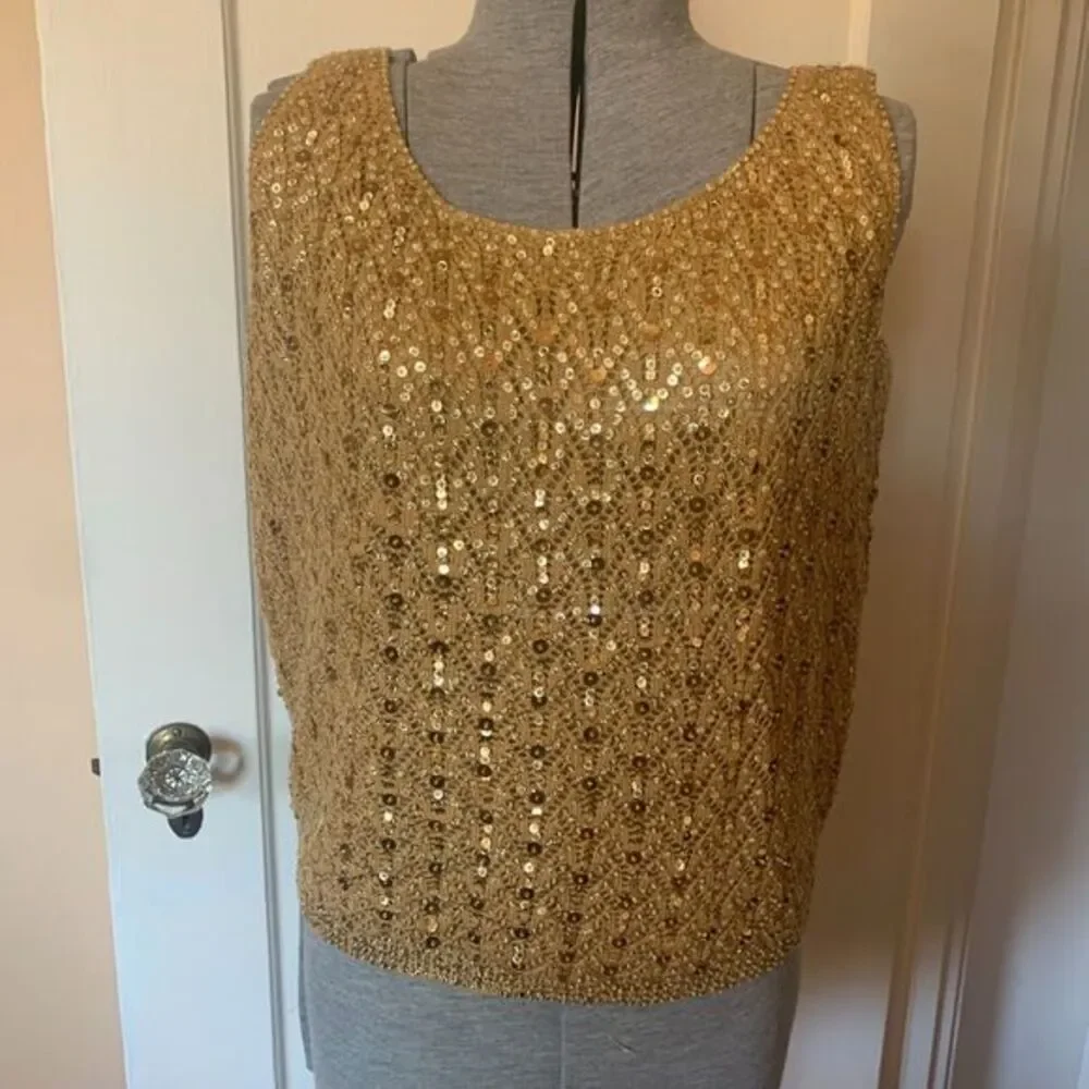 Vtg 60s Gold Sequin Knit Lace Sweater Vest Wool Hand Beaded Holiday Mod sz 40 - Picture 1 of 9